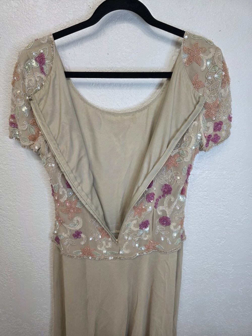 Vintage Beaded Beige Dress Floral Embellished Swing‎ Midi No Tags - Picture 7 of 11